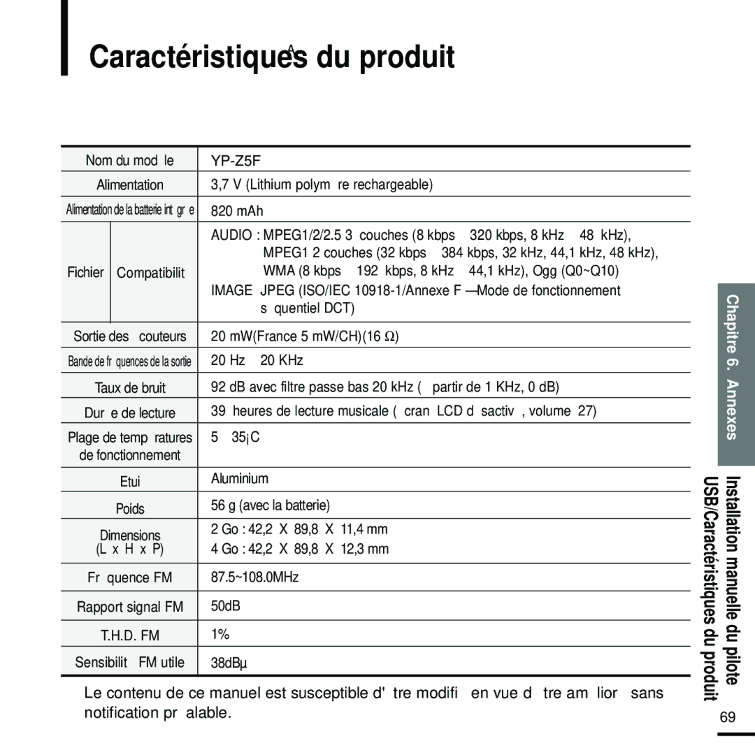 Samsung YP-Z5FAB/XEF, YP-Z5FQB/ELS, YP-Z5FAW/XEF, YP-Z5FZW/ELS, YP-Z5FZB/XEF, YP-Z5FZS/XET manual CaractéristiquesA du produit 