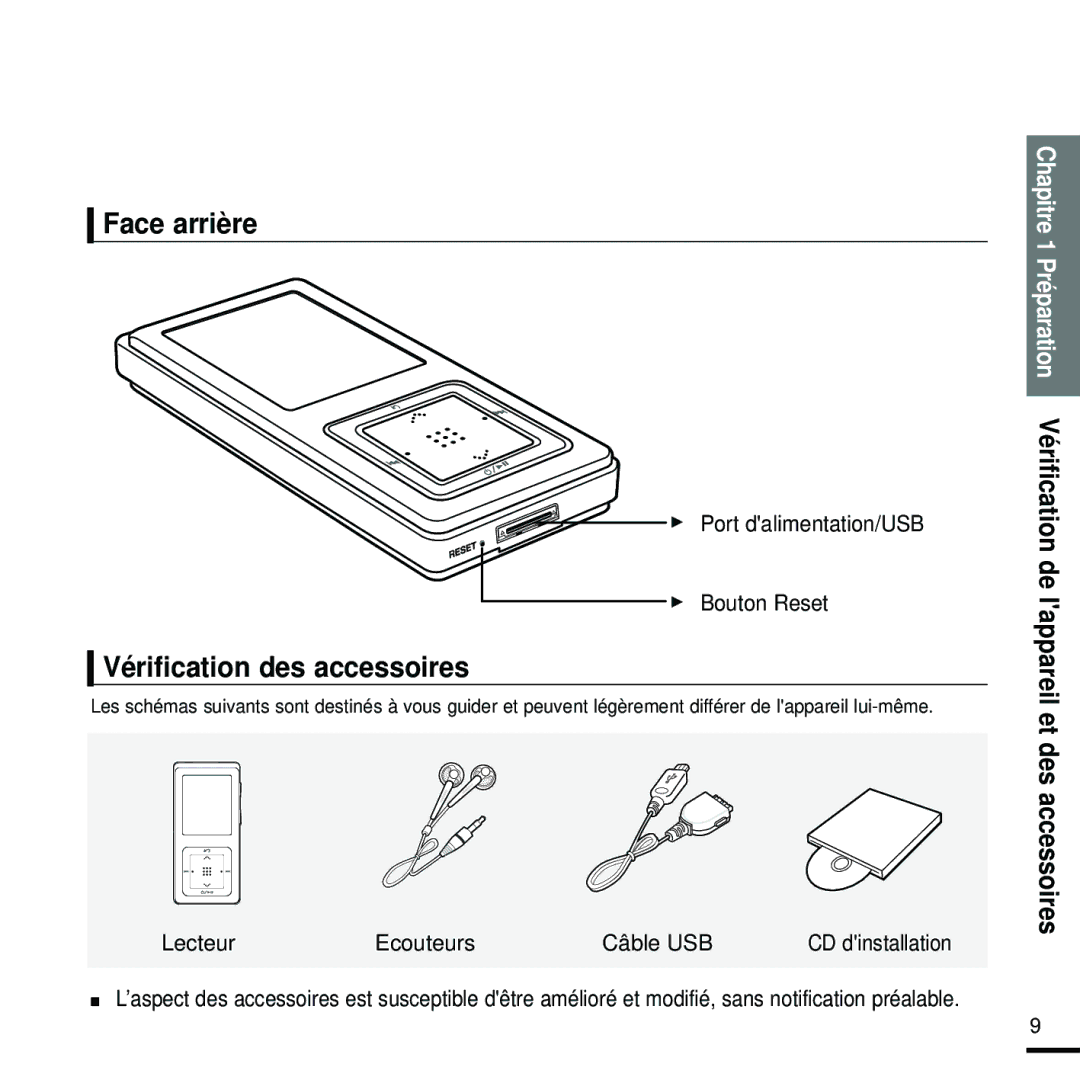 Samsung YP-Z5FZB/ELS, YP-Z5FQB/ELS manual Face arrière, Vérification des accessoires, Port dalimentation/USB Bouton Reset 