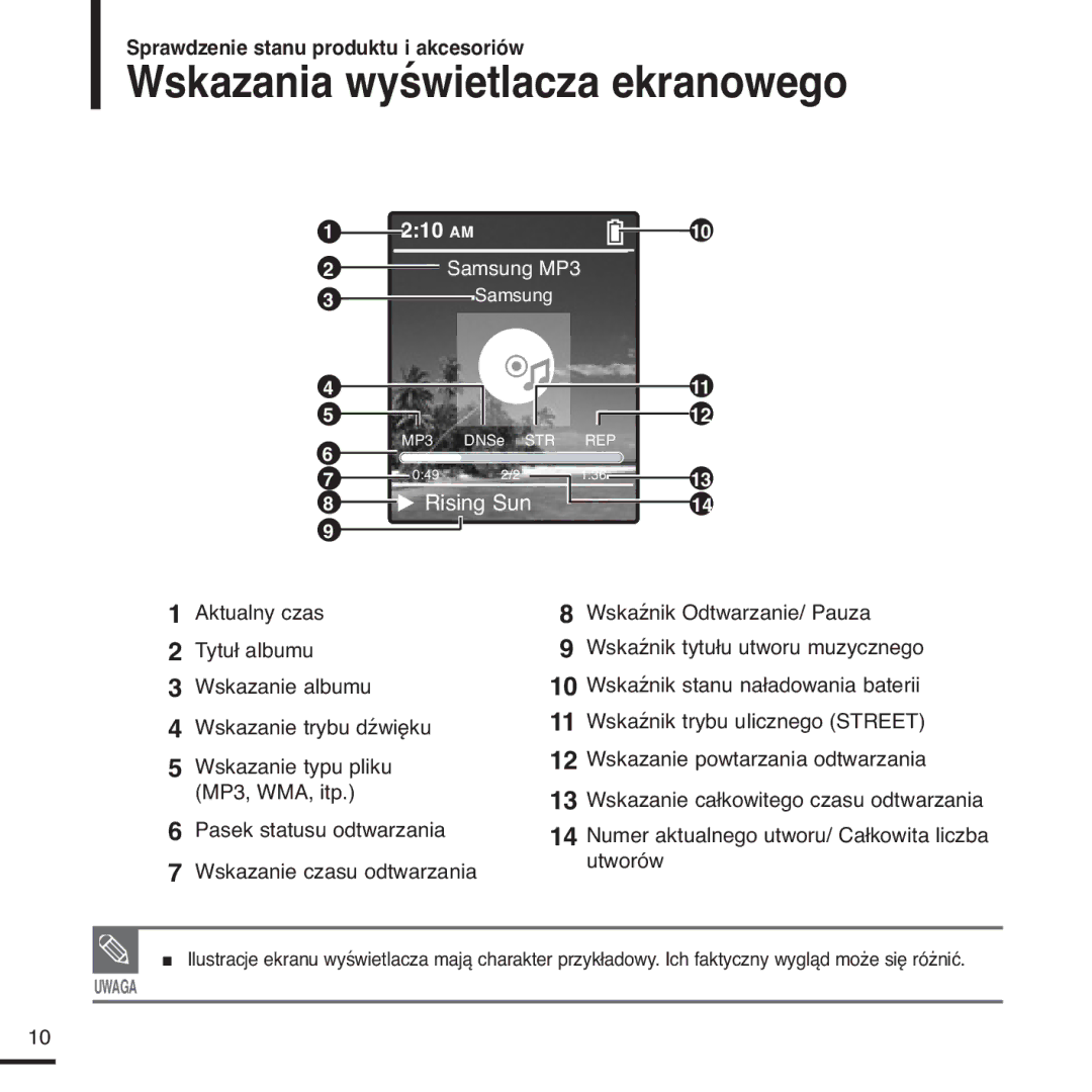 Samsung YP-Z5FAS/ELS, YP-Z5FQB/ELS, YP-Z5FQB/XEH, YP-Z5FAS/XEH manual Wskazania wyświetlacza ekranowego, Rising Sun 