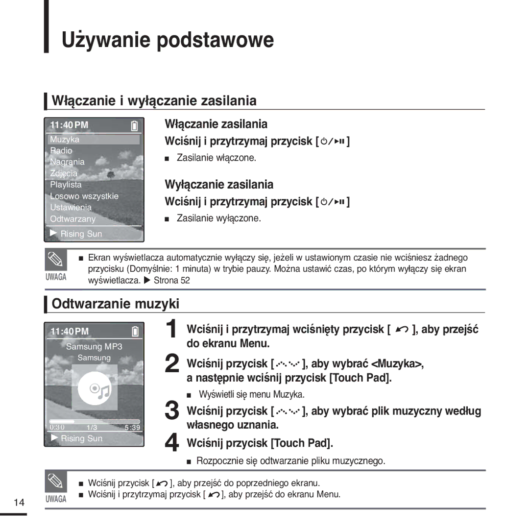 Samsung YP-Z5FAS/ELS, YP-Z5FQB/ELS, YP-Z5FQB/XEH Używanie podstawowe, Włączanie i wyłączanie zasilania, Odtwarzanie muzyki 