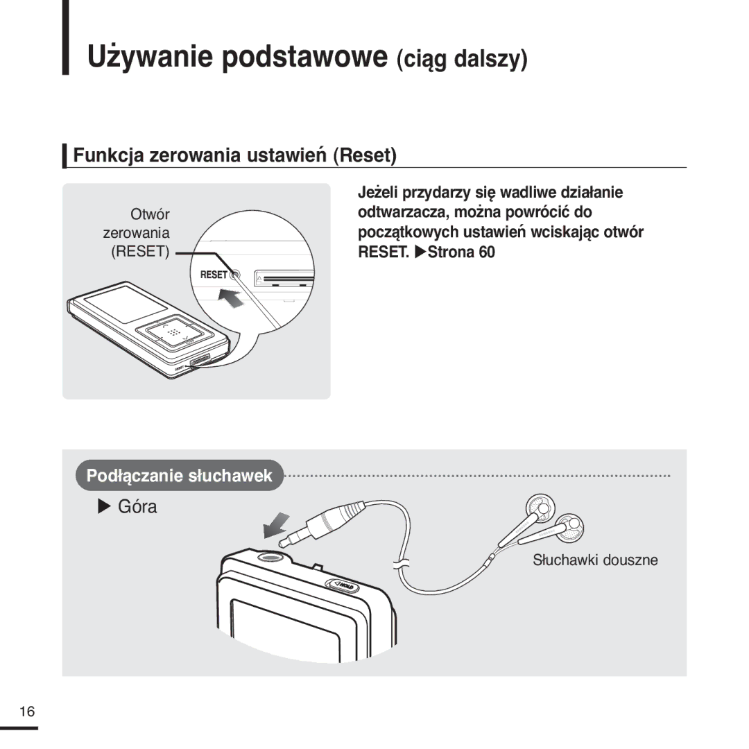 Samsung YP-Z5FQB/ELS Używanie podstawowe ciąg dalszy, Funkcja zerowania ustawień Reset, Odtwarzacza, można powrócić do 