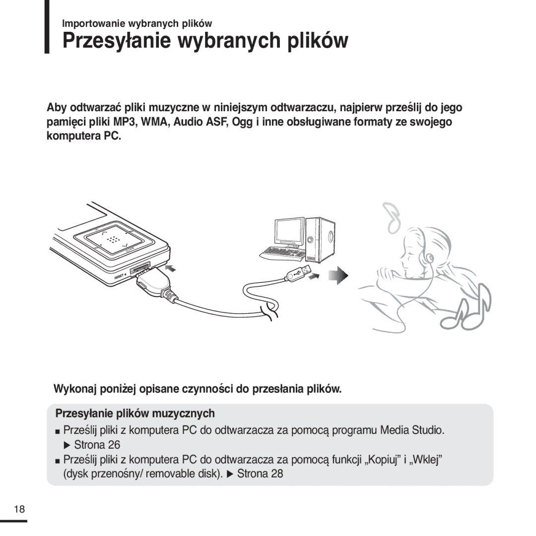 Samsung YP-Z5FAS/ELS, YP-Z5FQB/ELS, YP-Z5FQB/XEH, YP-Z5FAS/XEH manual Przesyłanie wybranych plików 