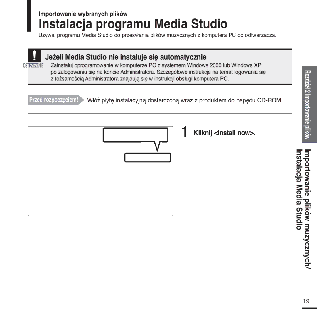 Samsung YP-Z5FAS/XEH, YP-Z5FQB/ELS Instalacja programu Media Studio, Jeżeli Media Studio nie instaluje się automatycznie 