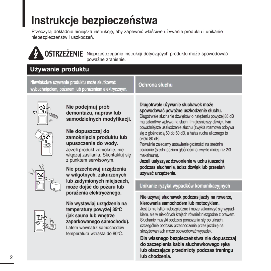 Samsung YP-Z5FAS/ELS, YP-Z5FQB/ELS, YP-Z5FQB/XEH, YP-Z5FAS/XEH manual Instrukcje bezpieczeństwa, Używanie produktu 