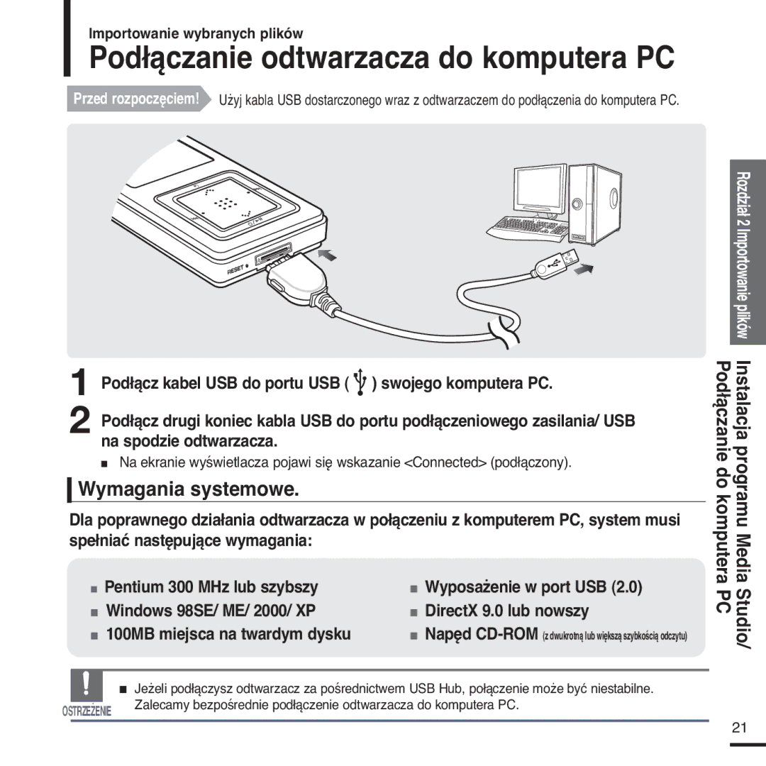 Samsung YP-Z5FQB/XEH manual Podłączanie odtwarzacza do komputera PC, Wymagania systemowe, Podłączanie do komputera, Studio 