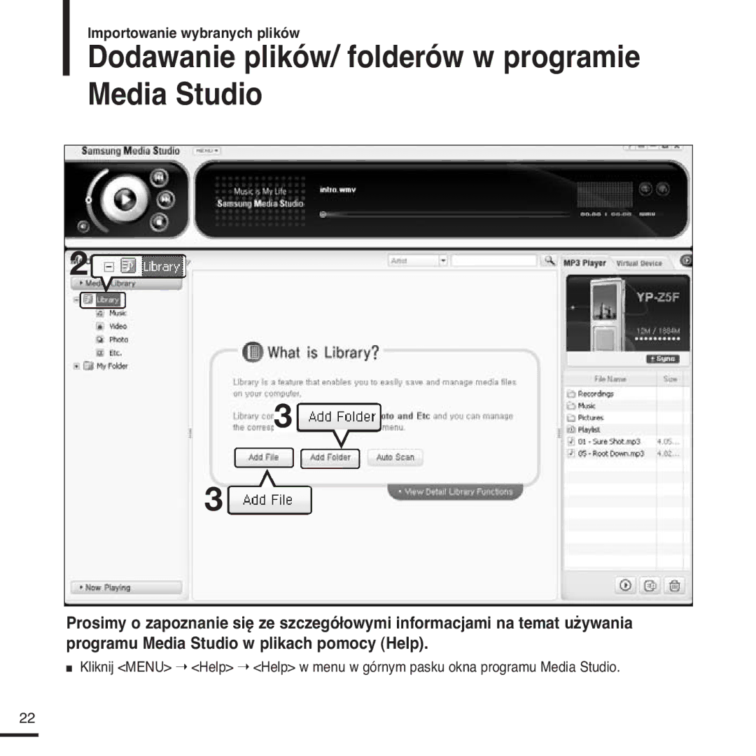 Samsung YP-Z5FAS/ELS, YP-Z5FQB/ELS, YP-Z5FQB/XEH, YP-Z5FAS/XEH manual Dodawanie plików/ folderów w programie Media Studio 