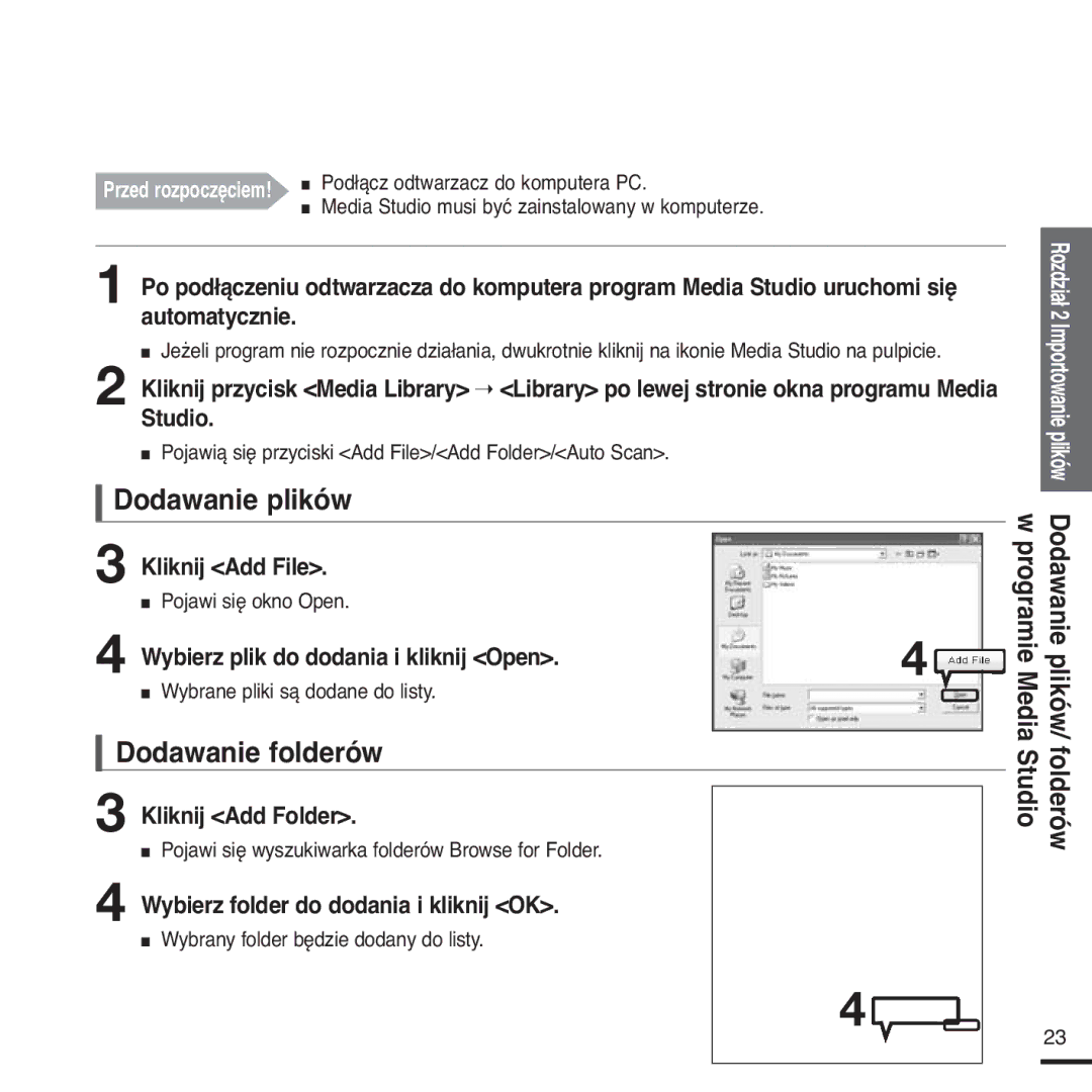 Samsung YP-Z5FAS/XEH, YP-Z5FQB/ELS, YP-Z5FQB/XEH, YP-Z5FAS/ELS manual Dodawanie plików, Dodawanie folderów 