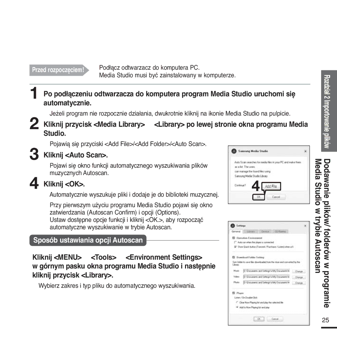 Samsung YP-Z5FQB/XEH manual Kliknij Auto Scan, Kliknij OK, Wybierz zakres i typ pliku do automatycznego wyszukiwania 