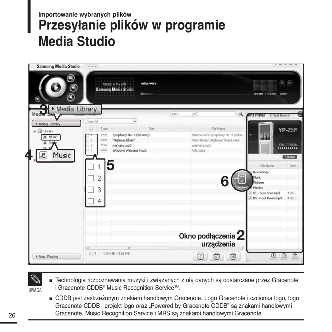 Samsung YP-Z5FAS/ELS manual Przesyłanie plików w programie Media Studio, Gracenote Cddb Music Recognition Service SM 