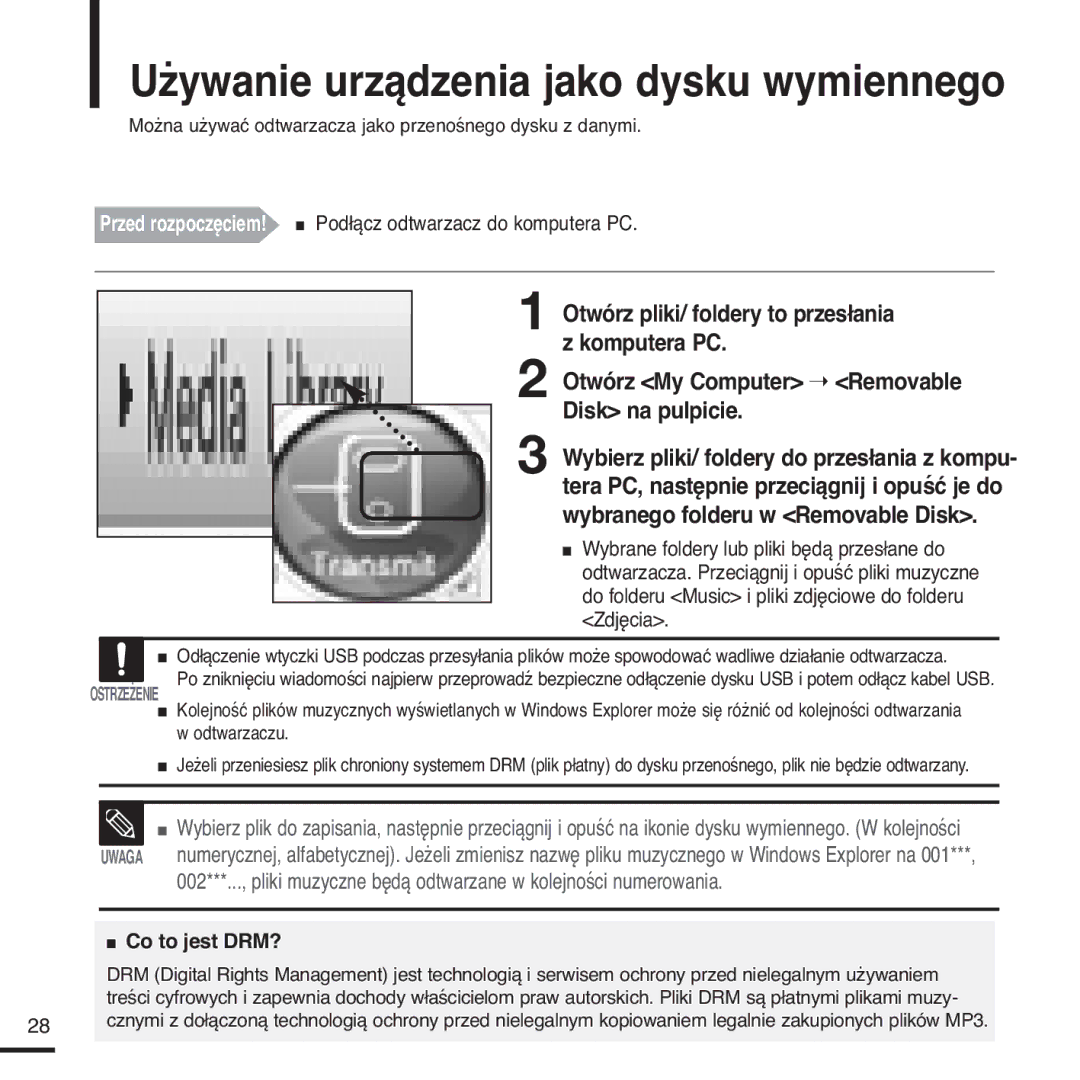 Samsung YP-Z5FQB/ELS Używanie urządzenia jako dysku wymiennego, Przed rozpoczęciem! Podłącz odtwarzacz do komputera PC 