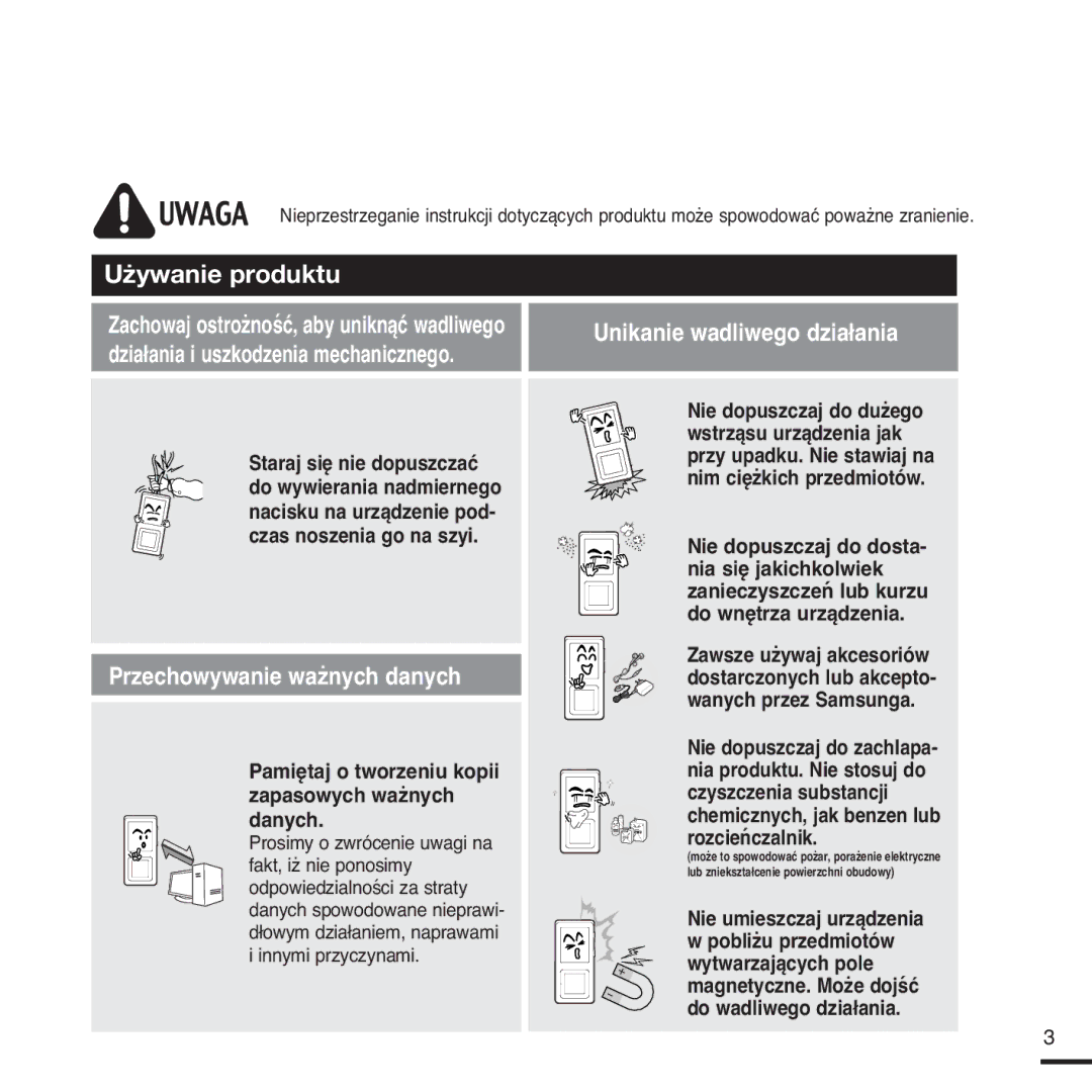 Samsung YP-Z5FAS/XEH, YP-Z5FQB/ELS, YP-Z5FQB/XEH, YP-Z5FAS/ELS manual Przechowywanie ważnych danych 