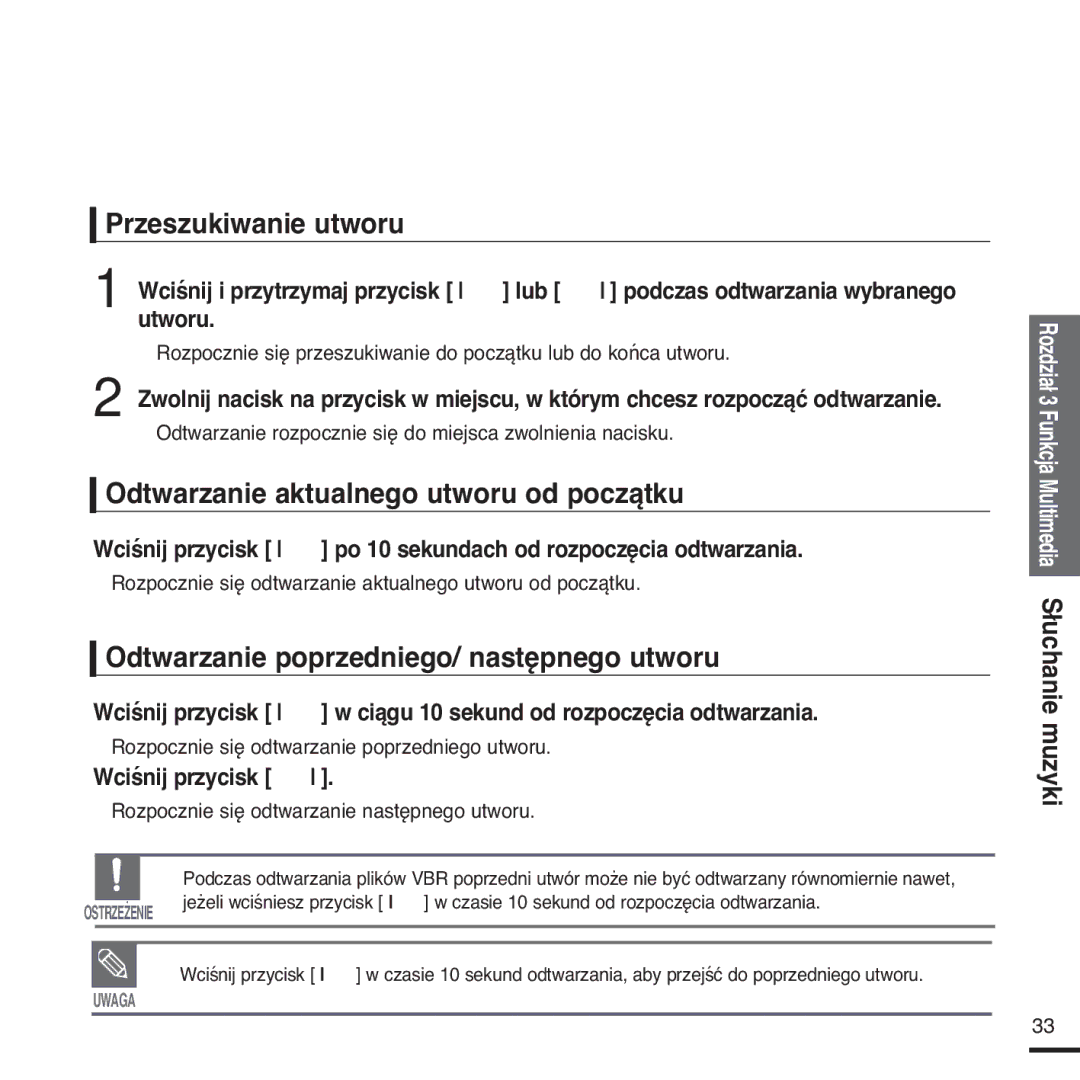 Samsung YP-Z5FQB/XEH, YP-Z5FQB/ELS manual Przeszukiwanie utworu, Odtwarzanie aktualnego utworu od początku, Wciśnij przycisk 