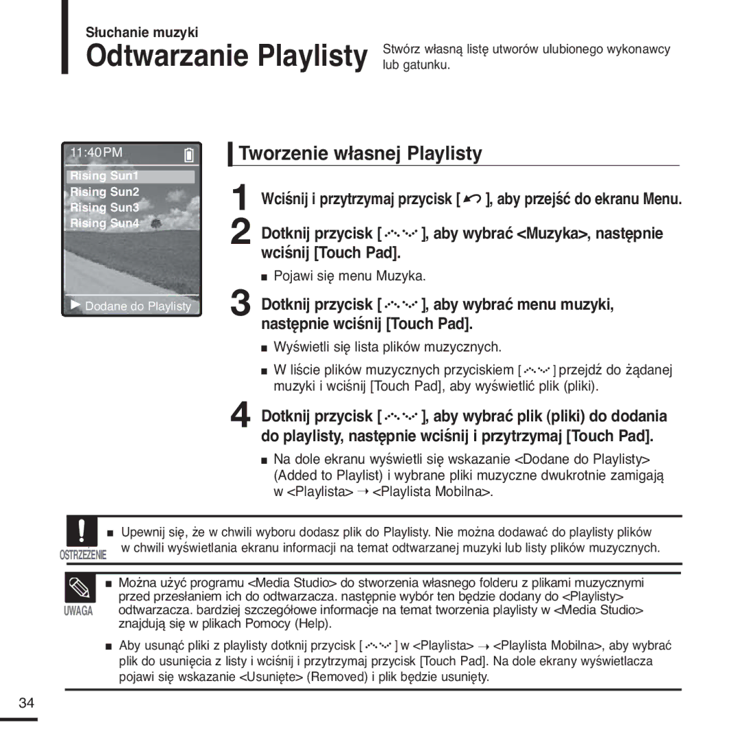 Samsung YP-Z5FAS/ELS, YP-Z5FQB/ELS, YP-Z5FQB/XEH manual Tworzenie własnej Playlisty, Wyświetli się lista plików muzycznych 