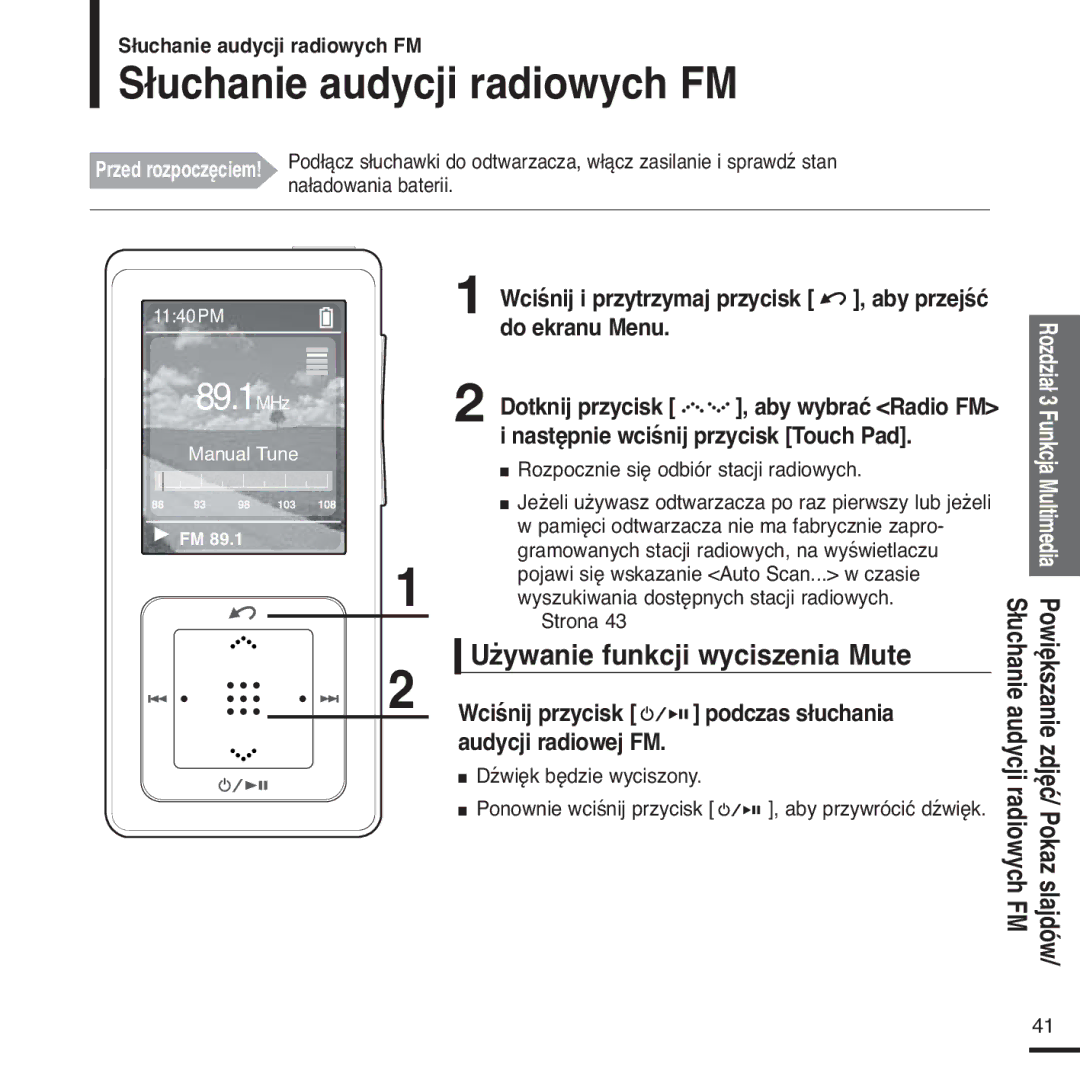 Samsung YP-Z5FQB/XEH, YP-Z5FQB/ELS, YP-Z5FAS/ELS manual Słuchanie audycji radiowych FM, Używanie funkcji wyciszenia Mute 