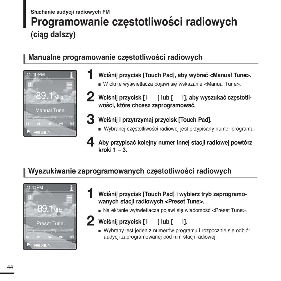 Samsung YP-Z5FQB/ELS, YP-Z5FQB/XEH, YP-Z5FAS/ELS, YP-Z5FAS/XEH manual Manualne programowanie częstotliwości radiowych 