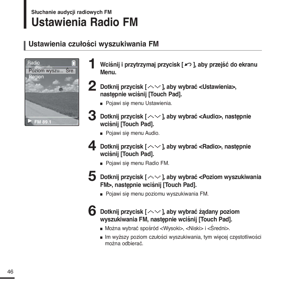 Samsung YP-Z5FAS/ELS, YP-Z5FQB/ELS, YP-Z5FQB/XEH, YP-Z5FAS/XEH manual Ustawienia Radio FM, Ustawienia czułości wyszukiwania FM 