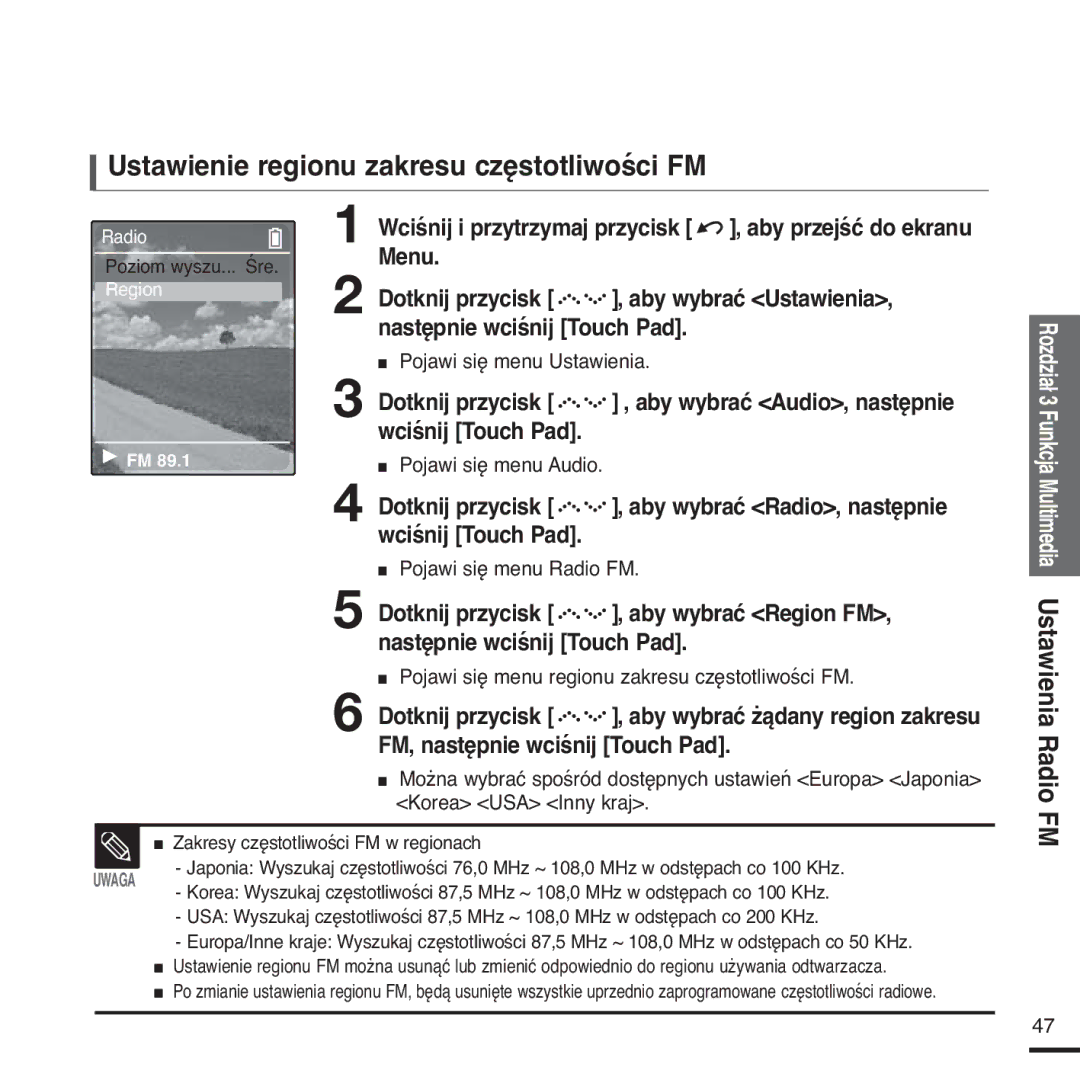 Samsung YP-Z5FAS/XEH, YP-Z5FQB/ELS manual Ustawienie regionu zakresu częstotliwości FM, Multimedia Ustawienia Radio FM 