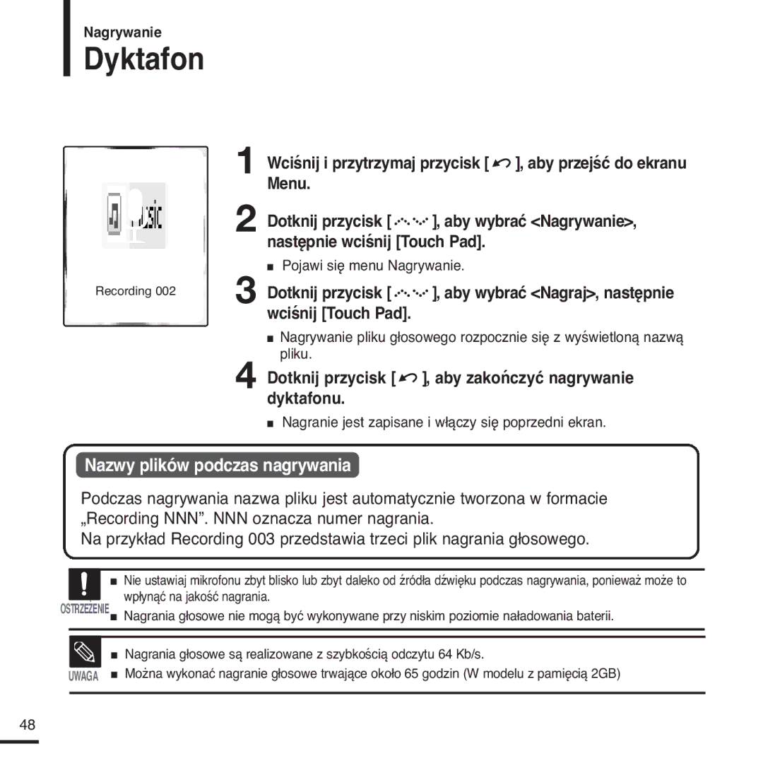 Samsung YP-Z5FQB/ELS manual Dyktafon, Dotknij przycisk , aby zakończyć nagrywanie dyktafonu, Pojawi się menu Nagrywanie 