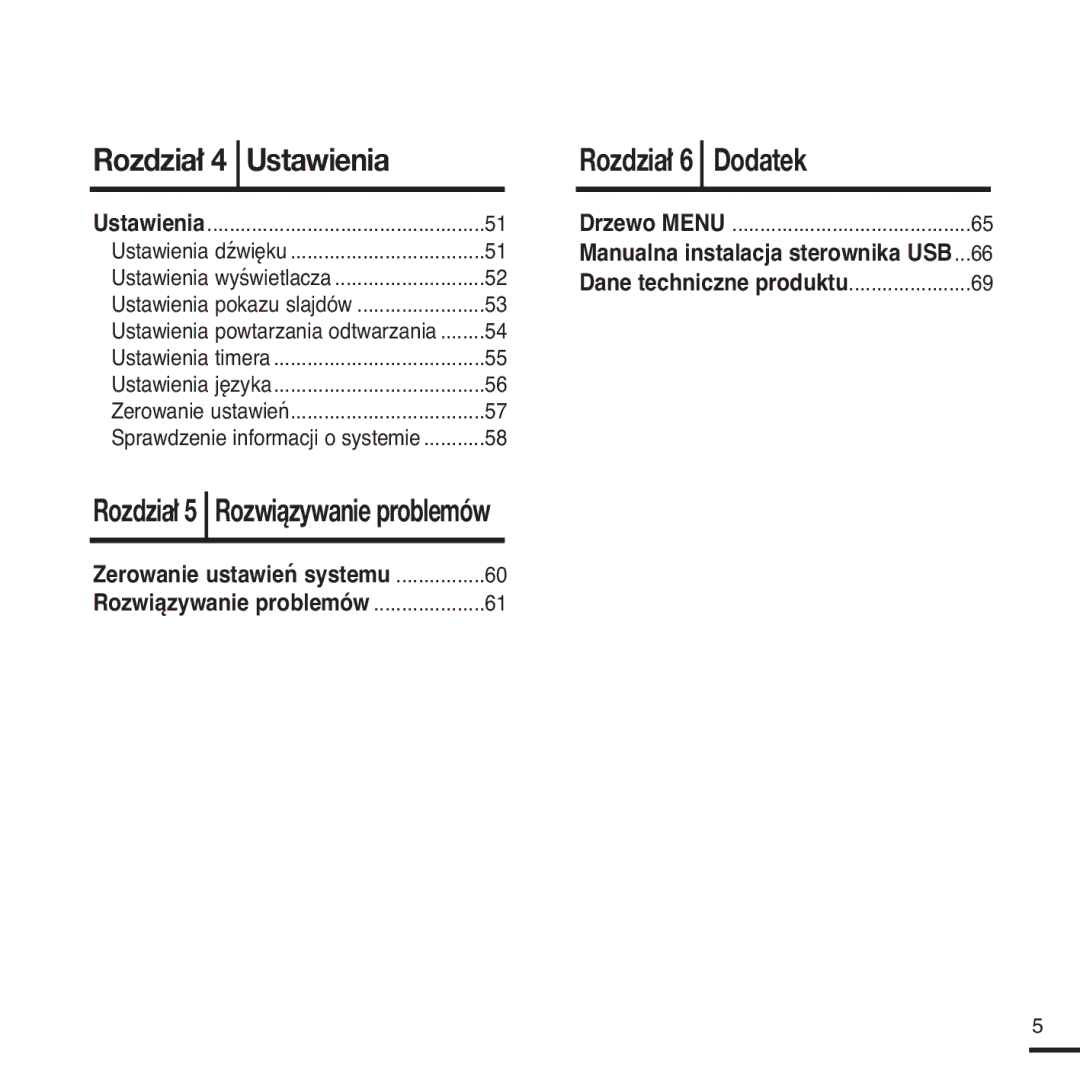 Samsung YP-Z5FQB/XEH, YP-Z5FQB/ELS, YP-Z5FAS/ELS, YP-Z5FAS/XEH manual Rozdział 4 Ustawienia 