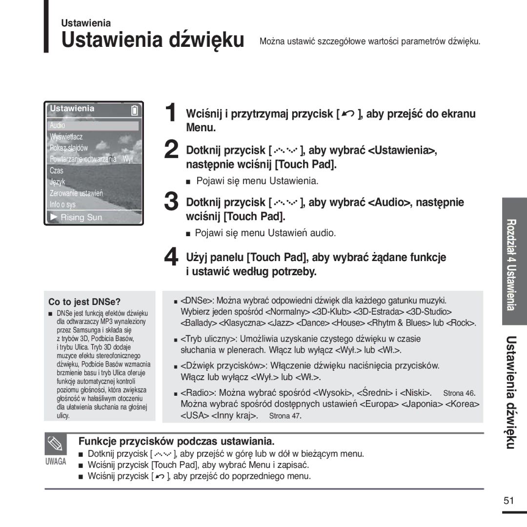 Samsung YP-Z5FAS/XEH, YP-Z5FQB/ELS, YP-Z5FQB/XEH, YP-Z5FAS/ELS Ustawienia Ustawienia dźwięku, Pojawi się menu Ustawień audio 