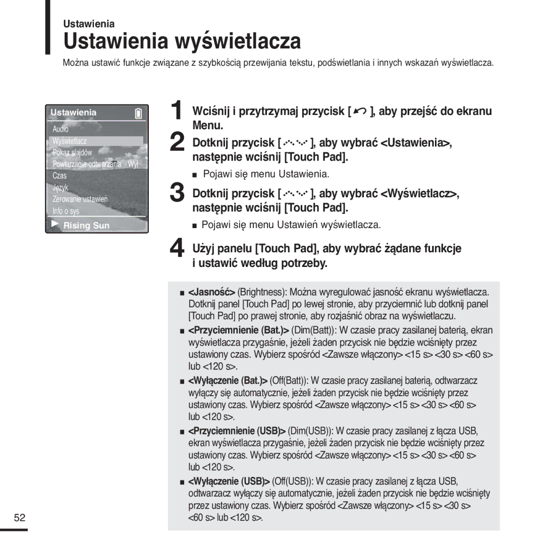 Samsung YP-Z5FQB/ELS, YP-Z5FQB/XEH, YP-Z5FAS/ELS Ustawienia wyświetlacza, Pojawi się menu Ustawień wyświetlacza, Lub 120 s 