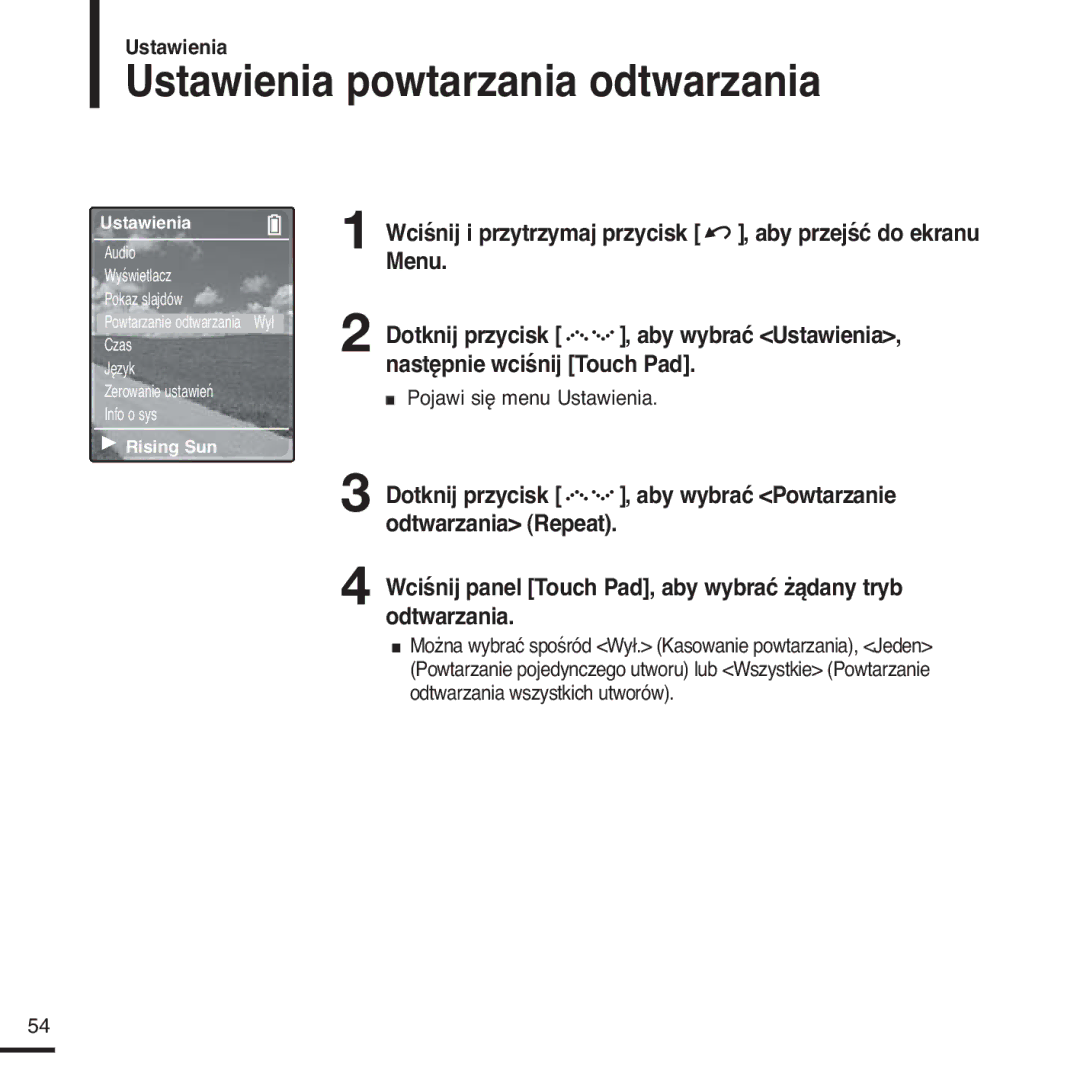 Samsung YP-Z5FAS/ELS, YP-Z5FQB/ELS, YP-Z5FQB/XEH, YP-Z5FAS/XEH manual Ustawienia powtarzania odtwarzania 