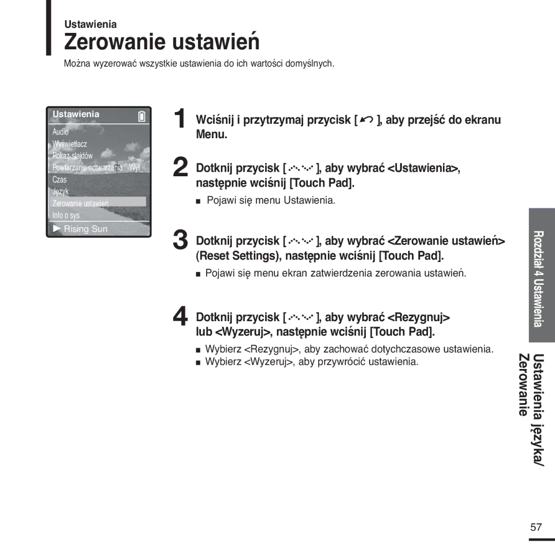 Samsung YP-Z5FQB/XEH, YP-Z5FQB/ELS manual Zerowanie ustawień, Języka, Pojawi się menu ekran zatwierdzenia zerowania ustawień 