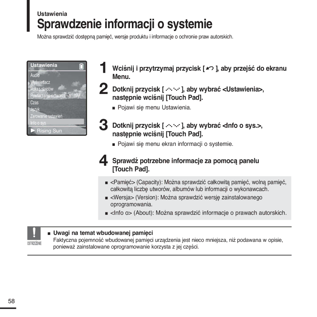 Samsung YP-Z5FAS/ELS manual Sprawdzenie informacji o systemie, Sprawdź potrzebne informacje za pomocą panelu Touch Pad 