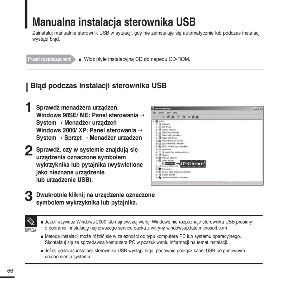 Samsung YP-Z5FAS/ELS manual Manualna instalacja sterownika USB, Błąd podczas instalacji sterownika USB, Lub urządzenie USB 