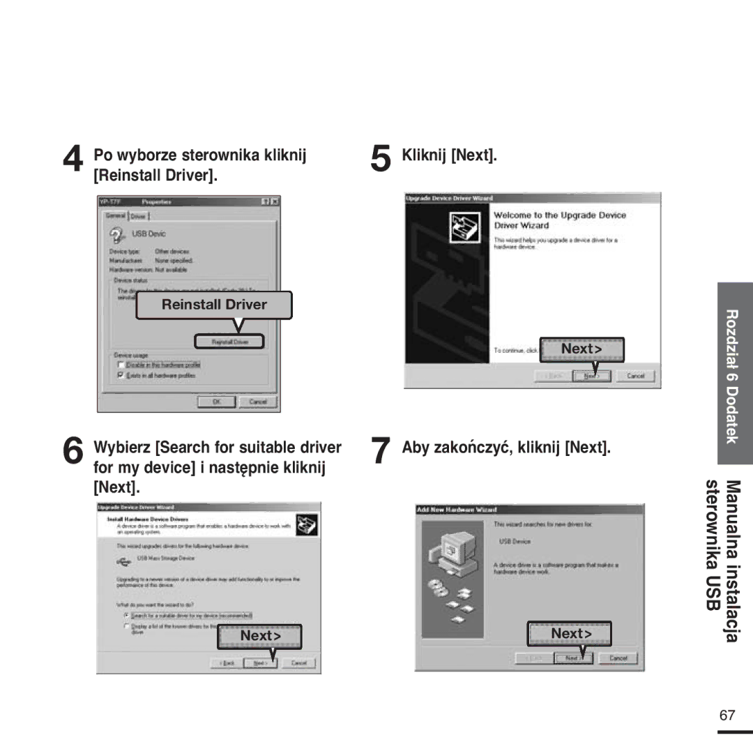 Samsung YP-Z5FAS/XEH manual Po wyborze sterownika kliknij Reinstall Driver, Aby zakończyć, kliknij Next, Sterownika USB 