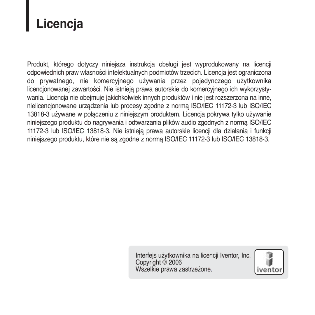 Samsung YP-Z5FAS/ELS, YP-Z5FQB/ELS, YP-Z5FQB/XEH, YP-Z5FAS/XEH manual Licencja 