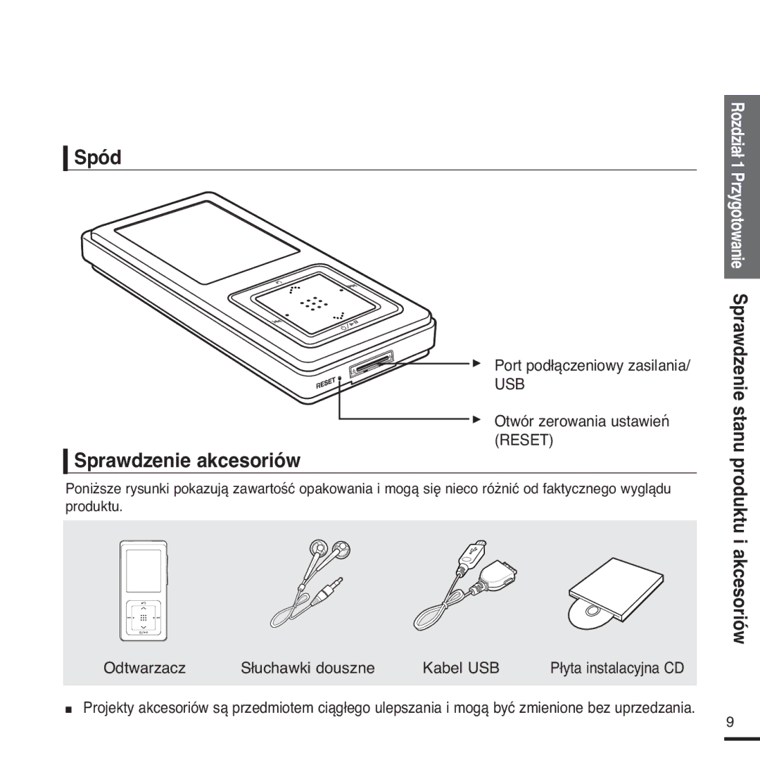 Samsung YP-Z5FQB/XEH manual Spód, Sprawdzenie akcesoriów, Port podłączeniowy zasilania, Otwór zerowania ustawień Reset 