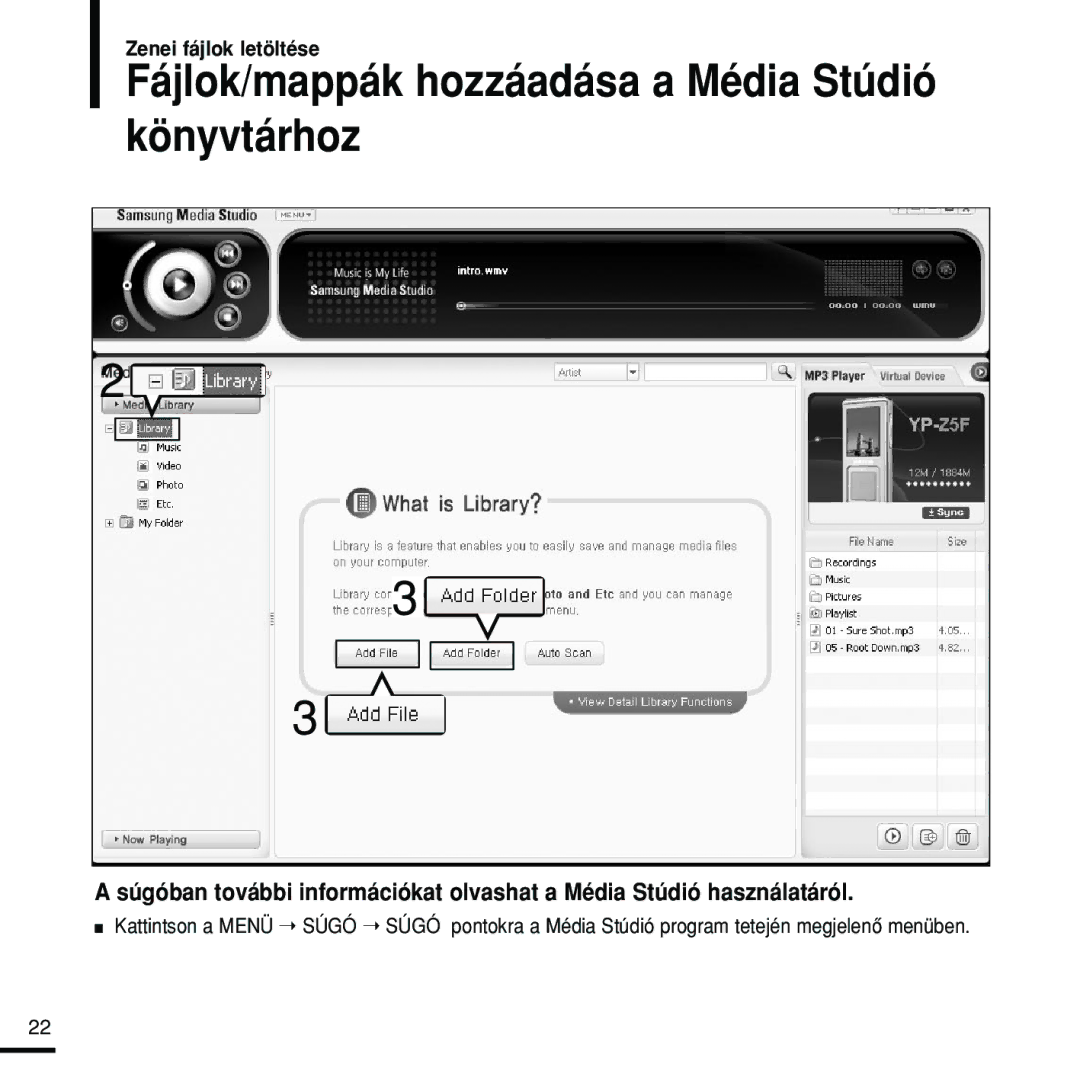 Samsung YP-Z5FAS/XET, YP-Z5FQB/ELS, YP-Z5FZS/XET, YP-Z5FZW/XET manual Fájlok/mappák hozzáadása a Média Stúdió könyvtárhoz 