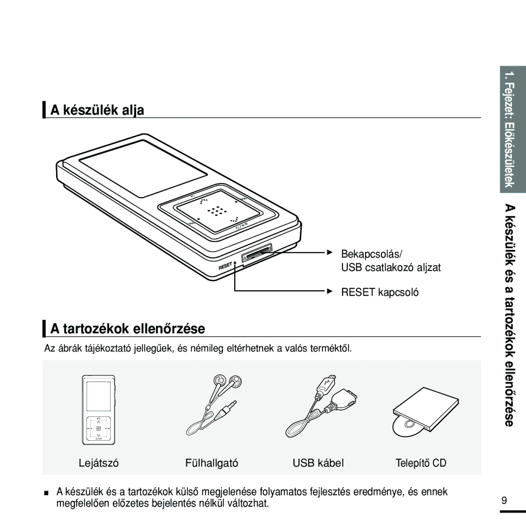 Samsung YP-Z5FAS/XET, YP-Z5FQB/ELS Készülék alja, Tartozékok ellenôrzése, Bekapcsolás USB csatlakozó aljzat Reset kapcsoló 