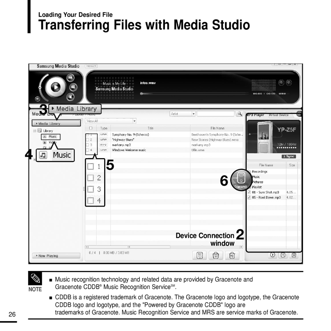 Samsung YP-Z5FAB/HAO, YP-Z5FQB/HAO, YP-Z5FQS/XSG manual Transferring Files with Media Studio, Device Connection 2 window 