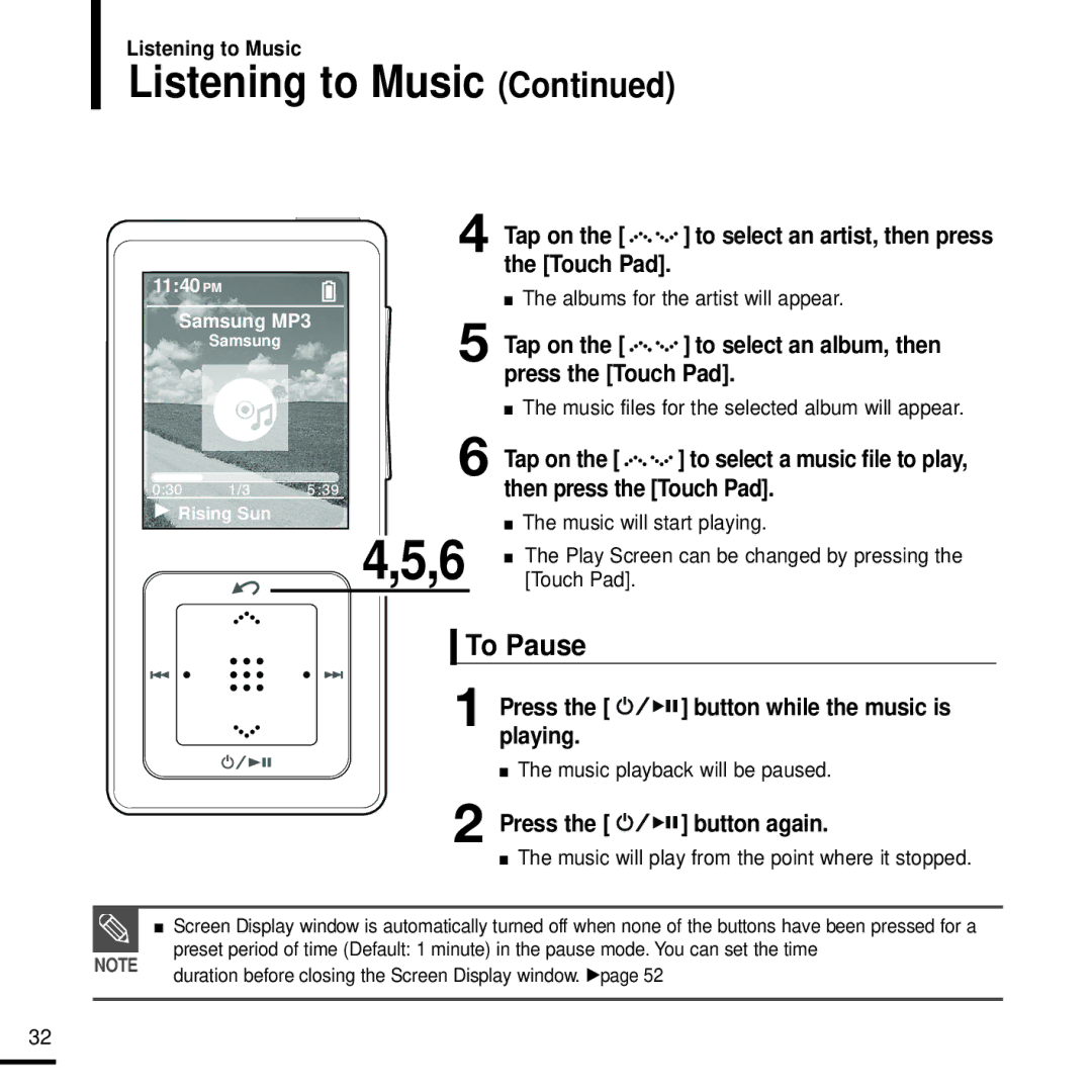 Samsung YP-Z5FZB/HAO To Pause, Tap on the to select an album, then press the Touch Pad, Playing, Press Button again 