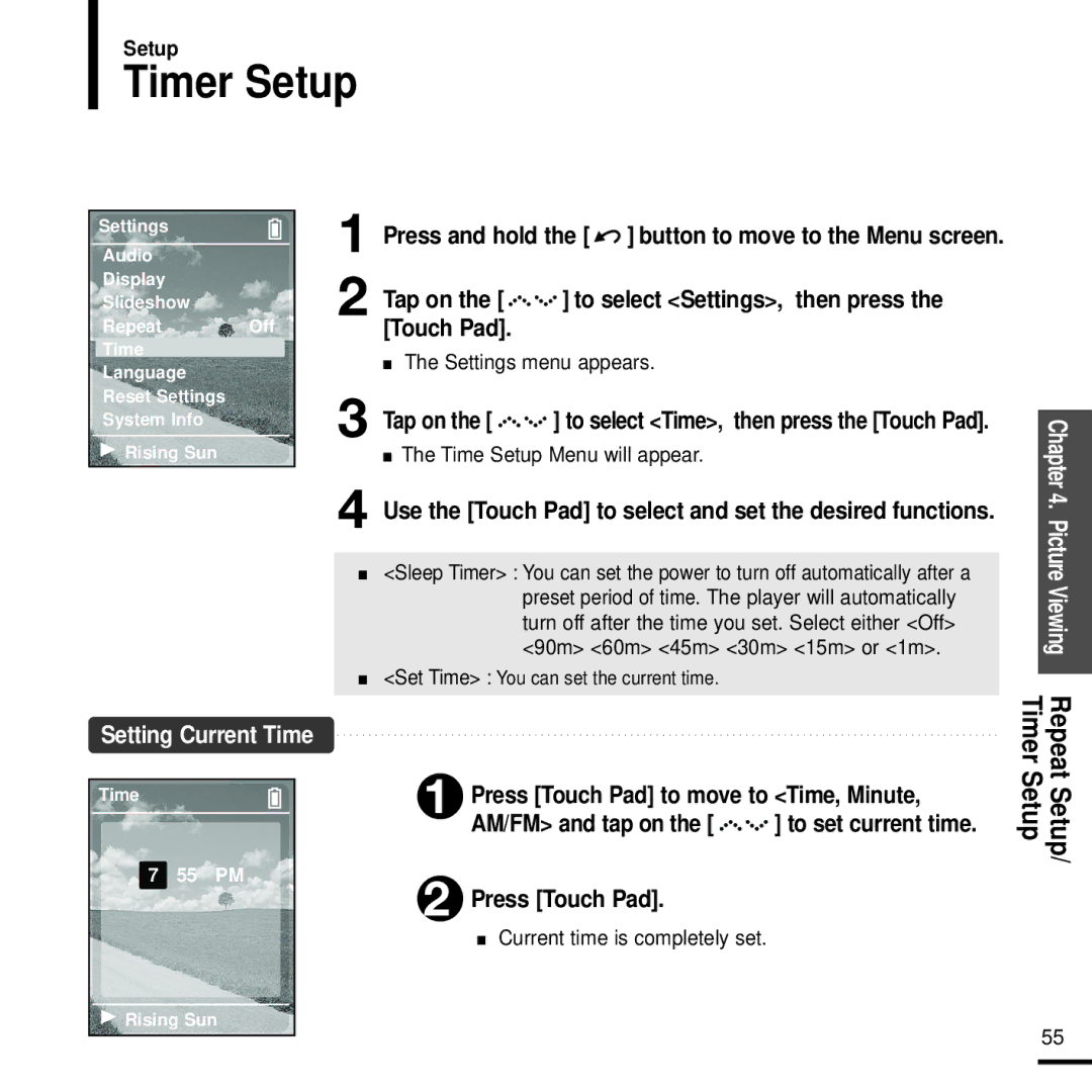 Samsung YP-Z5FQB/HAO, YP-Z5FQS/XSG manual Timer Setup, Press Touch Pad to move to Time, Minute, Time Setup Menu will appear 