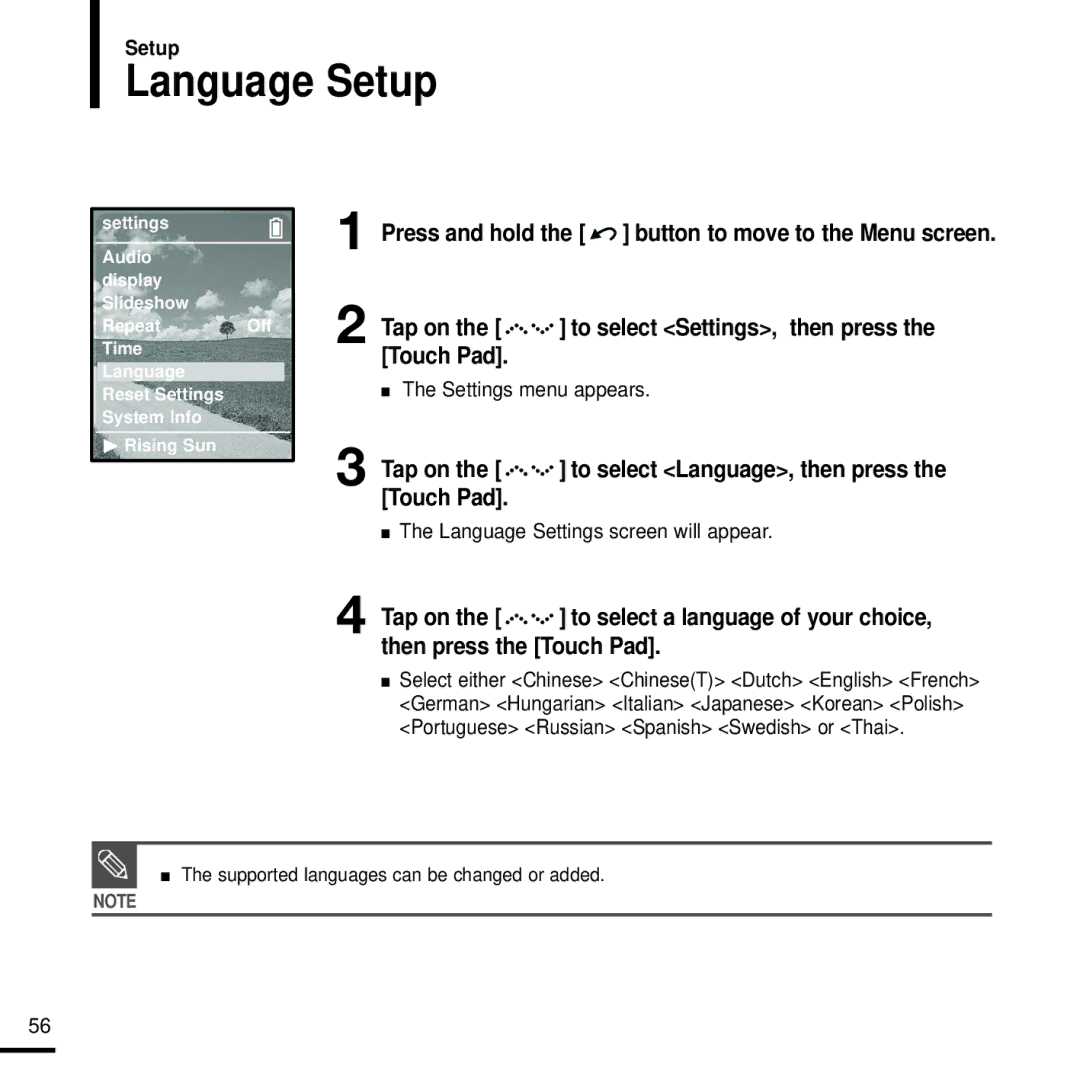 Samsung YP-Z5FQS/XSG, YP-Z5FQB/HAO, YP-Z5FAB/AAW Language Setup, Tap on the to select Settings, then press the Touch Pad 