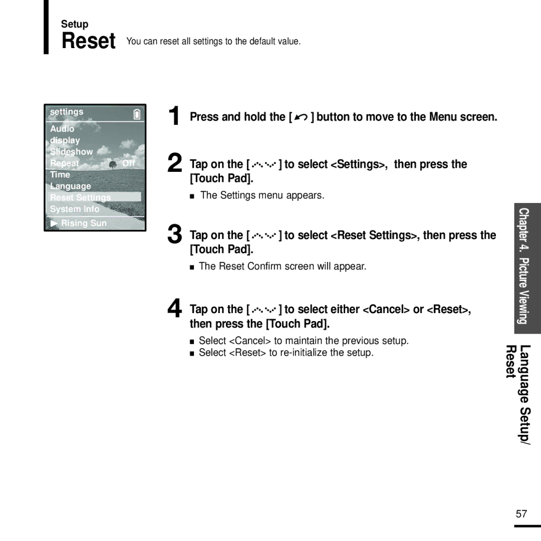 Samsung YP-Z5FAB/AAW, YP-Z5FQB/HAO, YP-Z5FQS/XSG, YP-Z5FAS/HAO, YP-Z5FAB/HAO, YP-Z5FQS/AAW Reset Confirm screen will appear 