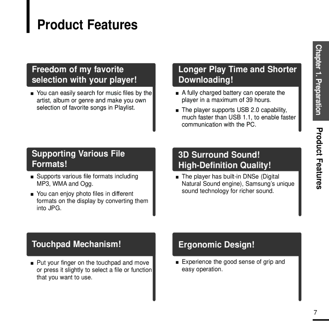 Samsung YP-Z5FQS/HAO, YP-Z5FQB/HAO, YP-Z5FQS/XSG Product Features, Experience the good sense of grip and easy operation 