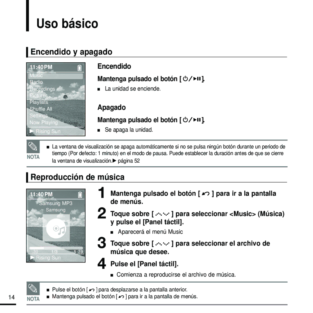 Samsung YP-Z5FAS/XET, YP-Z5FZS/XET manual Uso básico, Encendido y apagado, Reproducción de música, Mantenga pulsado el botón 