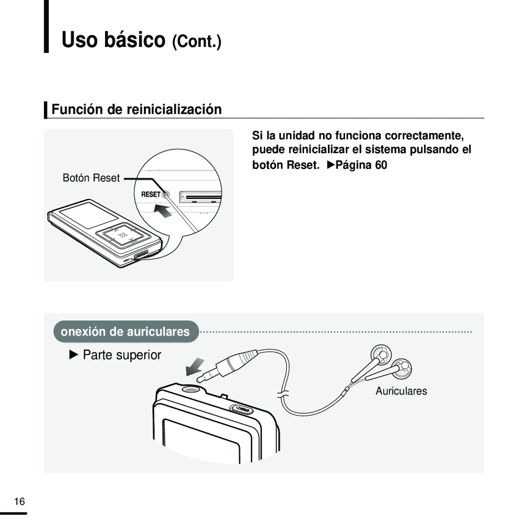 Samsung YP-Z5FQS/ELS, YP-Z5FZS/XET, YP-Z5FZW/XET, YP-Z5QB/ELS, YP-Z5FZP/XET manual Función de reinicialización, Botón Reset 