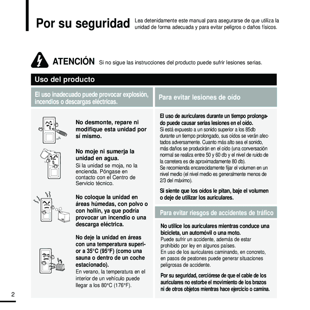 Samsung YP-Z5FZW/XET, YP-Z5FZS/XET, YP-Z5FQS/ELS Para evitar lesiones de oído, Para evitar riesgos de accidentes de tráfico 