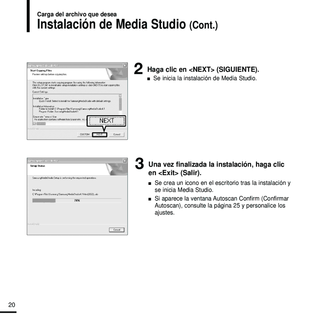 Samsung YP-Z5FZB/XET Instalación de Media Studio, Haga clic en Next Siguiente, Se inicia la instalación de Media Studio 