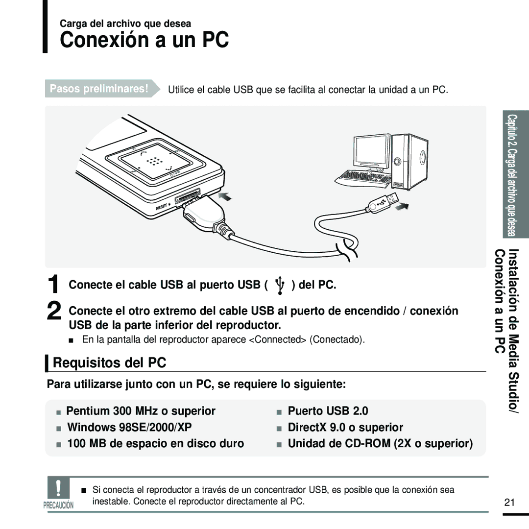 Samsung YP-Z5FQW/XET, YP-Z5FZS/XET, YP-Z5FQS/ELS, YP-Z5FZW/XET, YP-Z5QB/ELS, YP-Z5FZP/XET Conexión a un PC, Requisitos del PC 