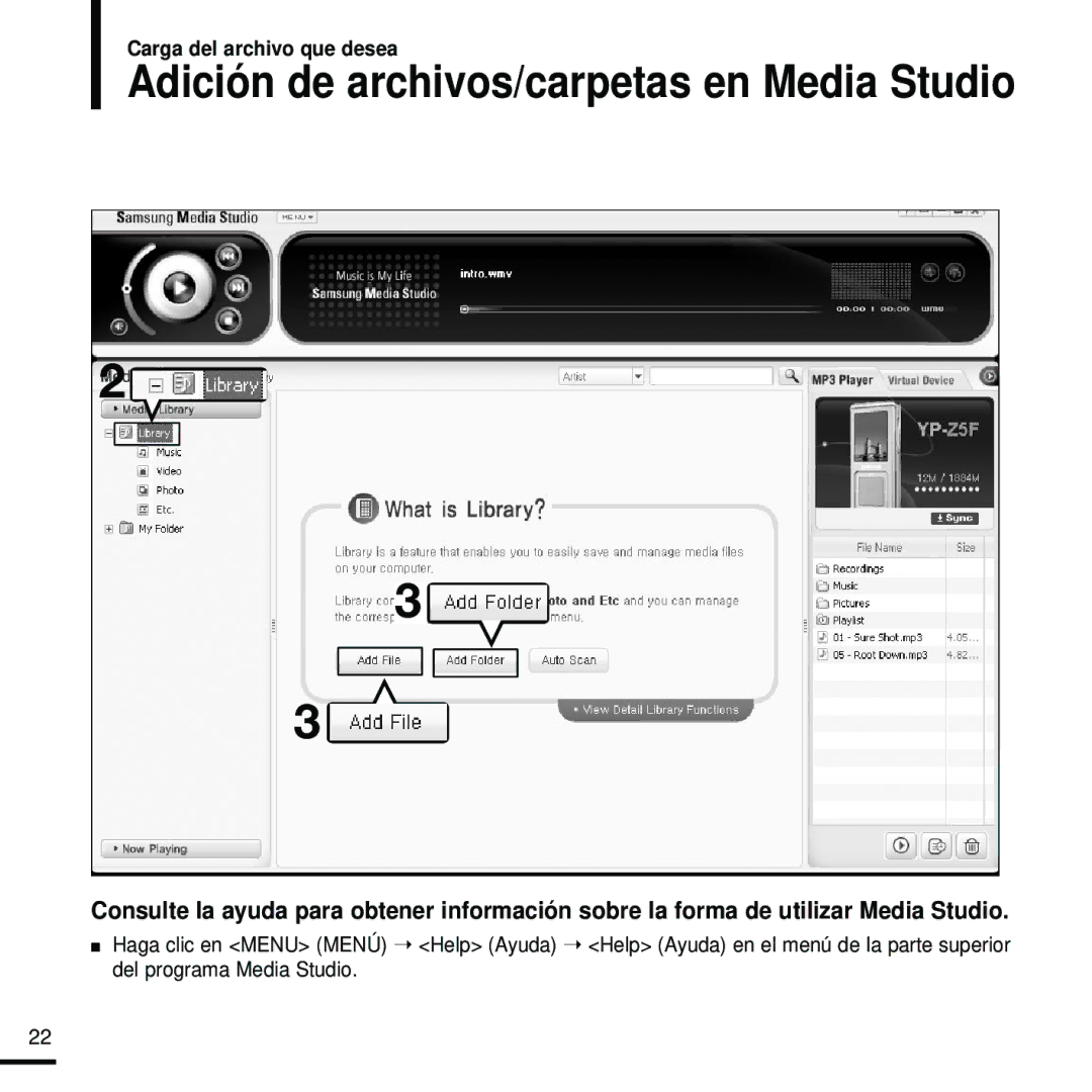 Samsung YP-Z5FQS/XET, YP-Z5FZS/XET, YP-Z5FQS/ELS, YP-Z5FZW/XET, YP-Z5QB/ELS manual Adición de archivos/carpetas en Media Studio 