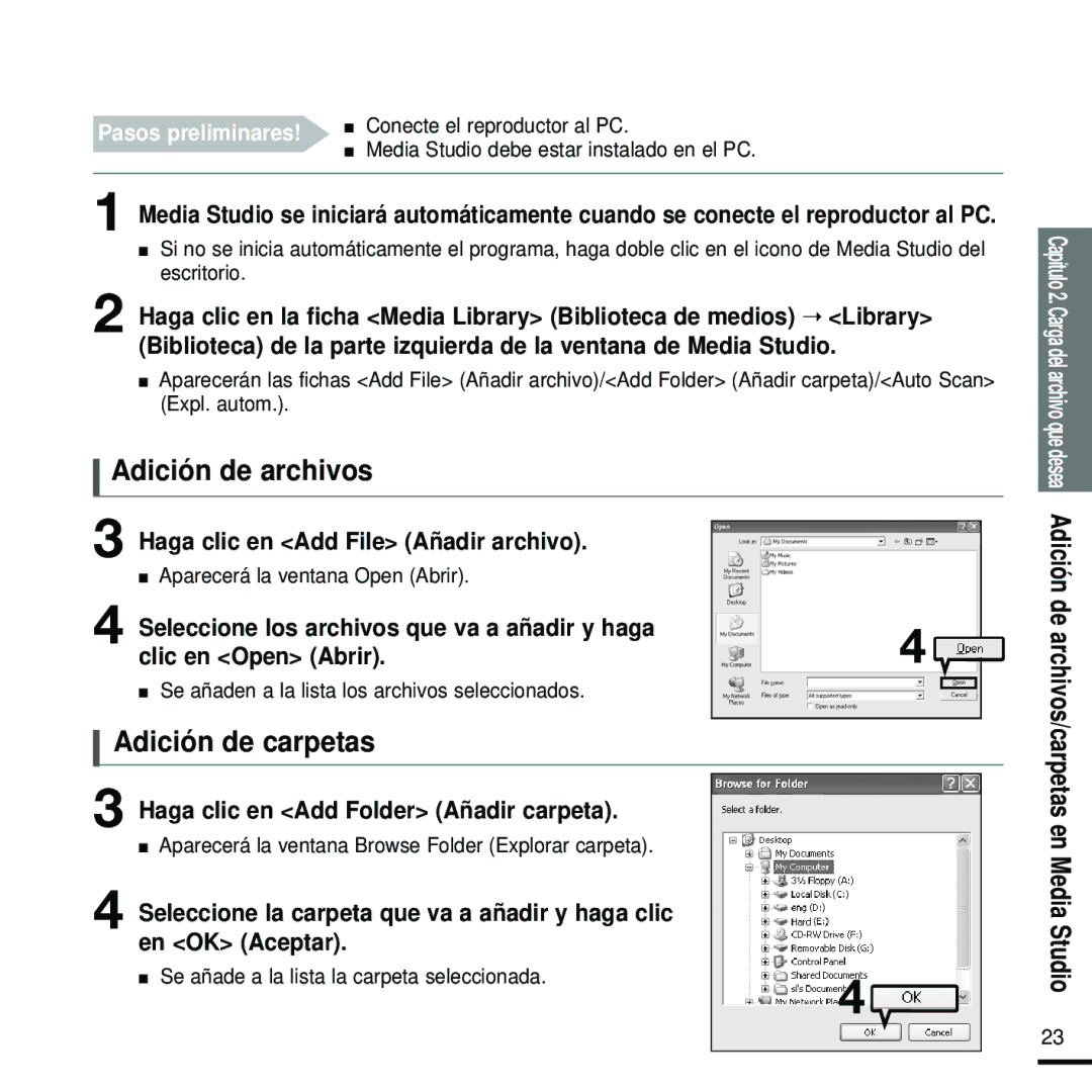 Samsung YP-Z5QP/ELS manual Adición de archivos, Adición de carpetas, Haga clic en Add File Añadir archivo, En OK Aceptar 