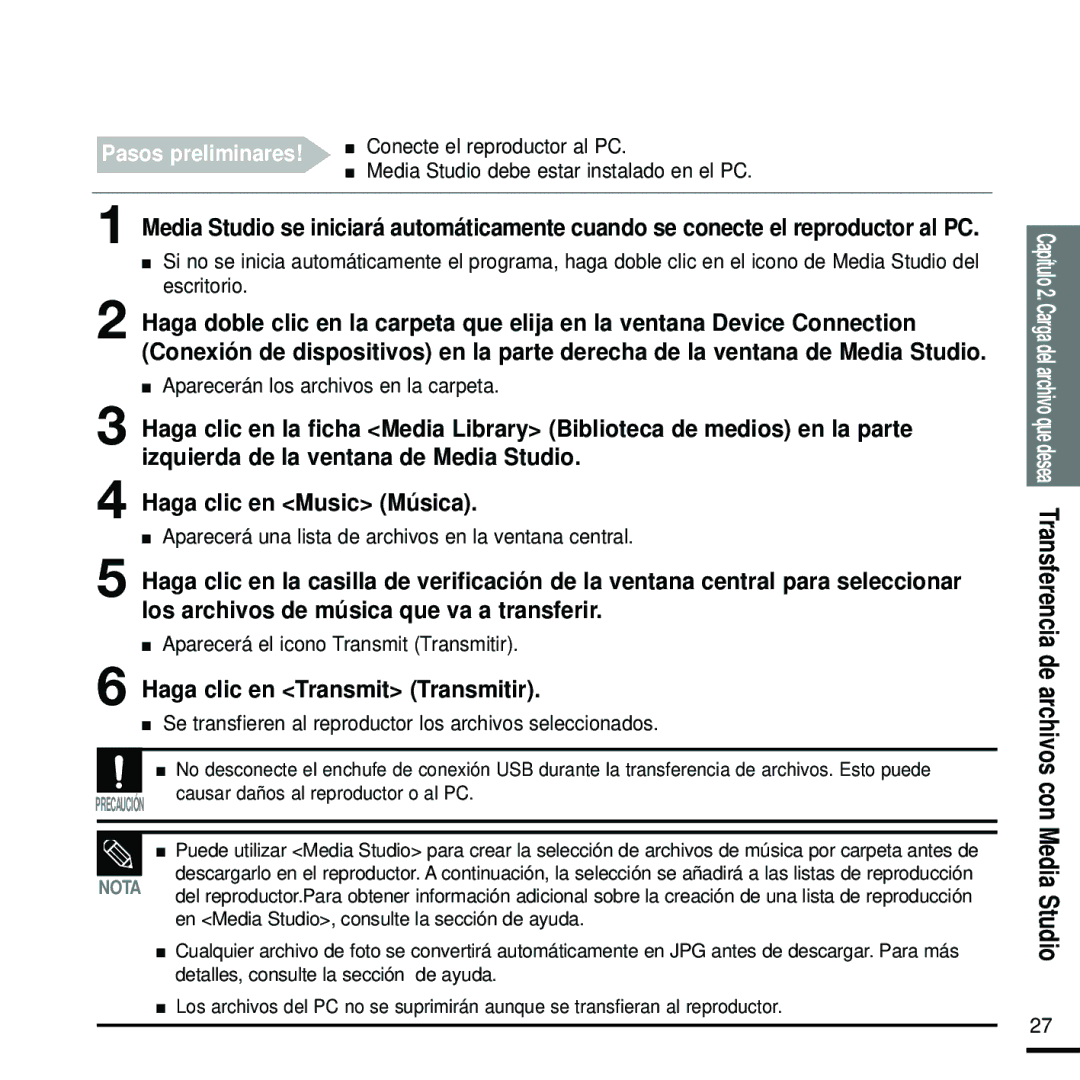 Samsung YP-Z5FQB/OMX, YP-Z5FZS/XET, YP-Z5FQS/ELS, YP-Z5FZW/XET, YP-Z5QB/ELS manual Haga clic en Transmit Transmitir, Studio 