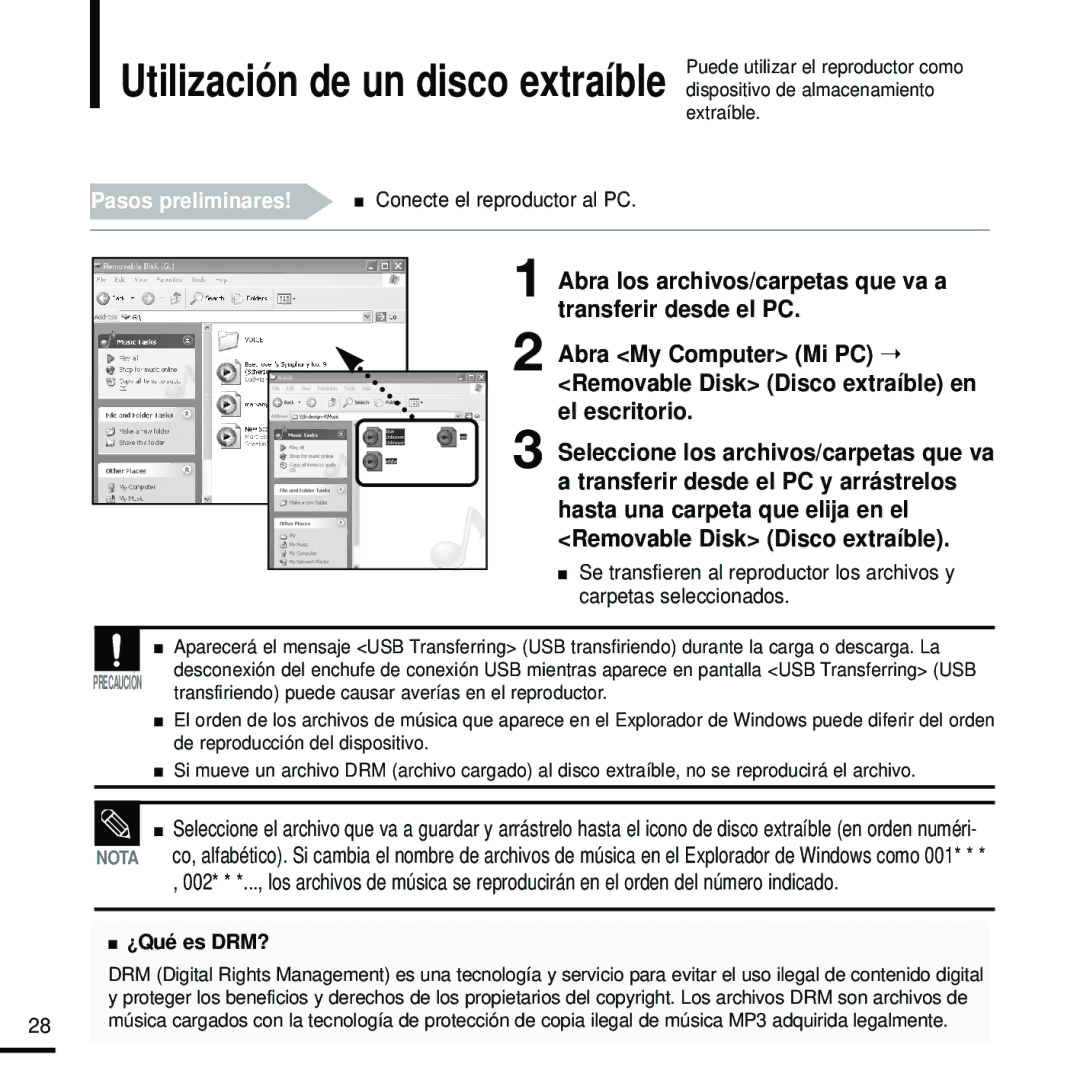 Samsung YP-Z5ZB/ELS, YP-Z5FZS/XET, YP-Z5FQS/ELS, YP-Z5FZW/XET Pasos preliminares! Conecte el reproductor al PC, ¿Qué es DRM? 