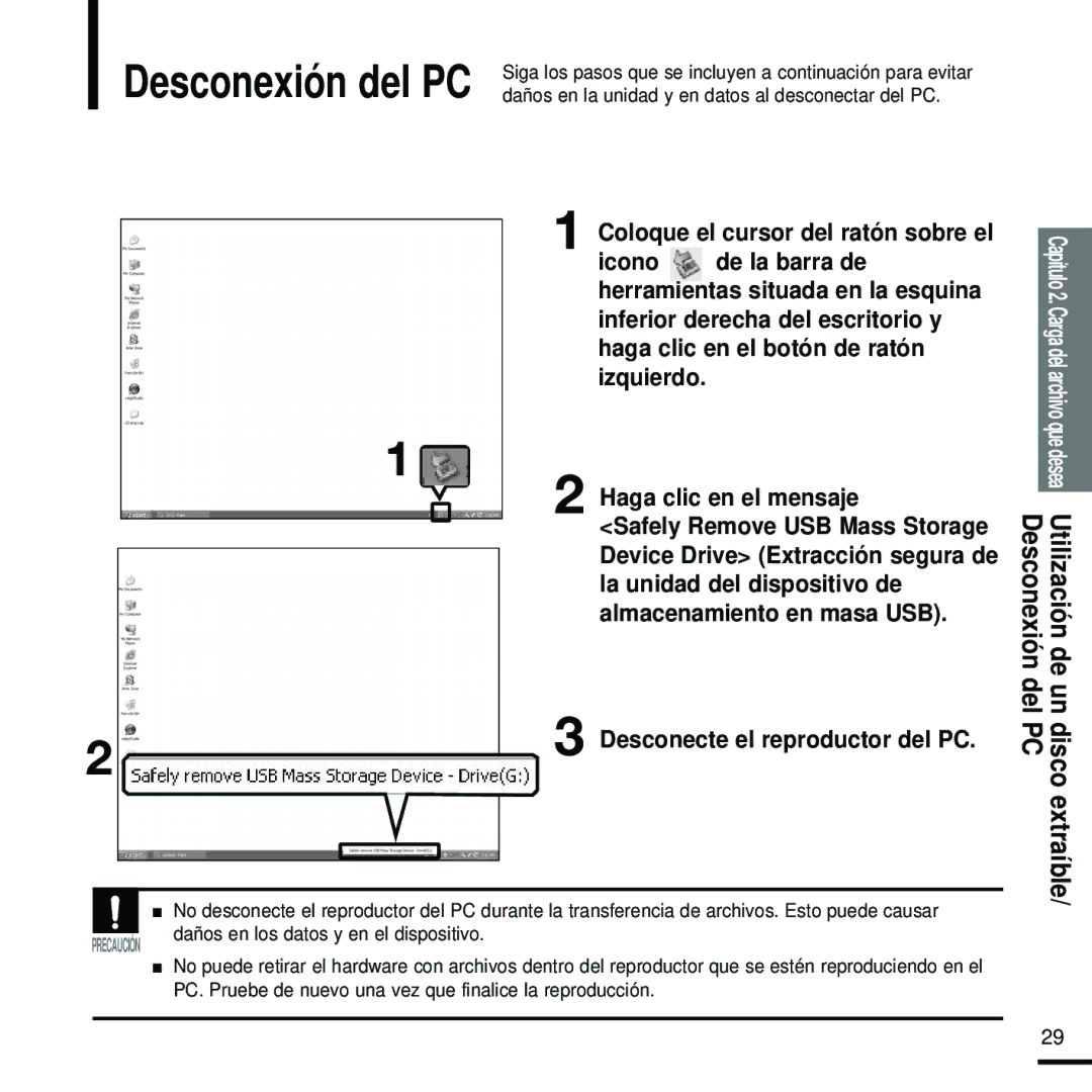 Samsung YP-Z5FAS/XET, YP-Z5FZS/XET, YP-Z5FQS/ELS manual Desconecte el reproductor del PC, Utilización, De ón, Del PC Un disco 